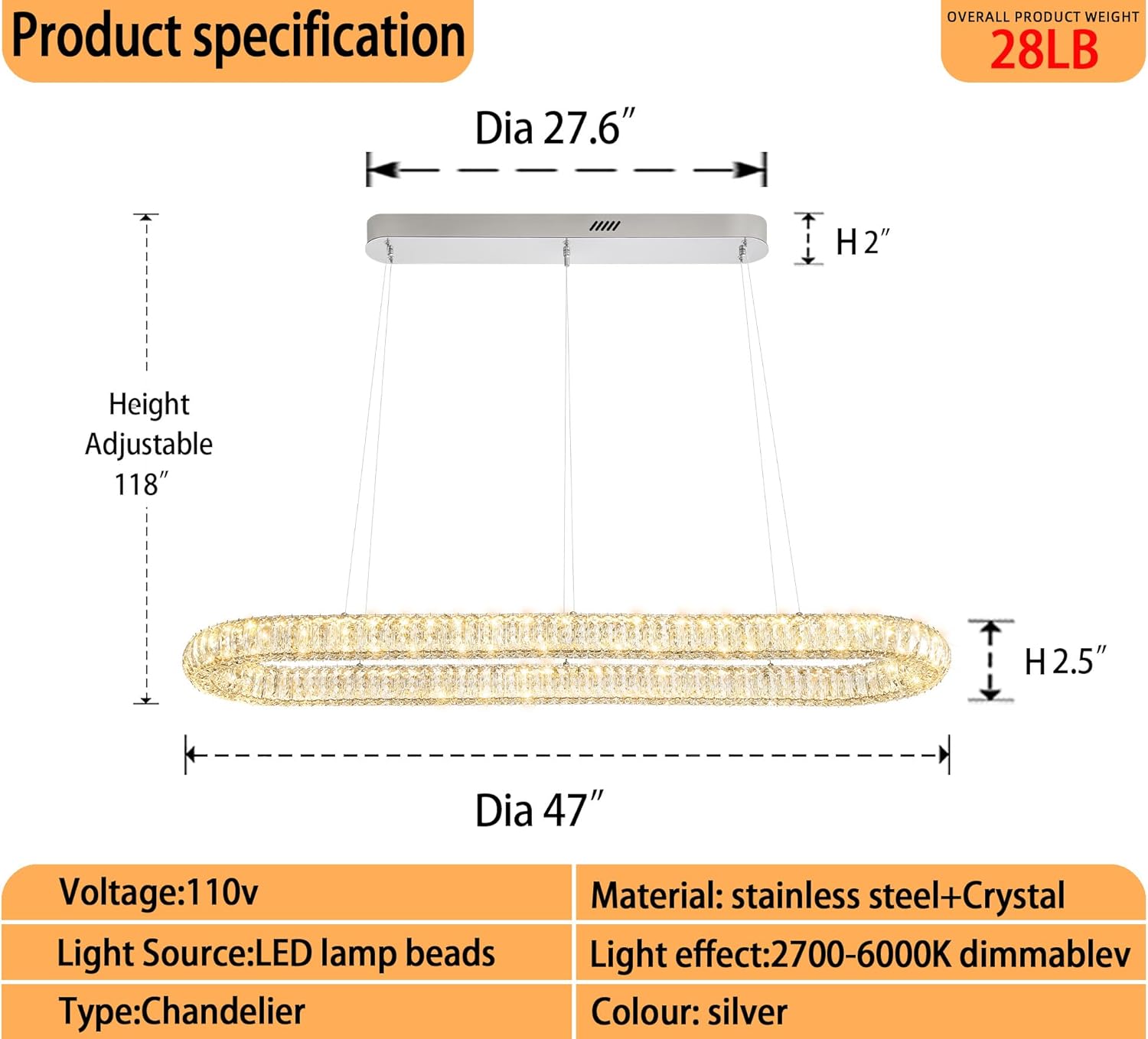 Crystal Ring Chandelier for Living Room, Modern Linear Oval Chandeliers for Dining Room 47.2'' Chrome Ring Pendant Light for Kitchen Island Dimmable 3000K-6000K
