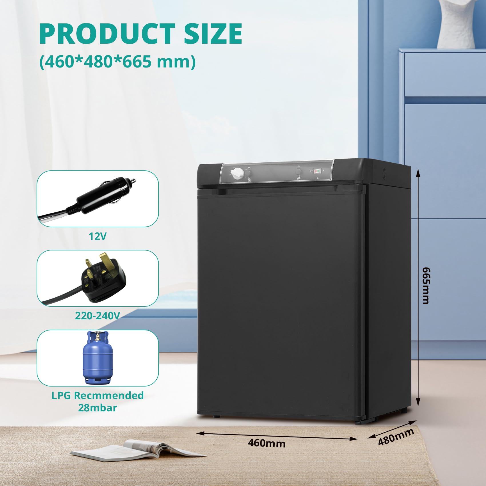 SMETA Lodówka gazowa 12V 230V, 3-drożna lodówka, 60L lodówka gazowa do kamperów, przyczep kempingowych, podróży outdoor, ciężarówek, kempingu, 0-10°C, regulowana noga, odwracalne drzwi, czarna
