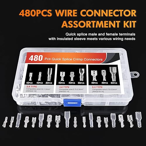 Miniatura 6 de Nilight 480 Uds aislados macho hembra terminales de espada surtido de empalme rápido estañado barril abierto conectores de alambre de cobre para