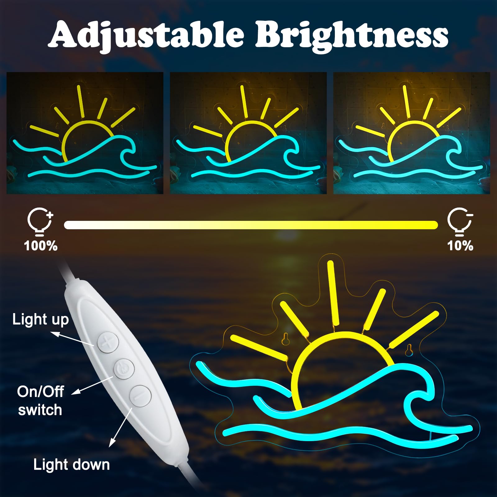 Panneau néon tropical avec lever de soleil dimmable, arbre de palme, lumière néon USB, cocotier côtier, néon LED, impression UV, mer, plage, art mural, panneaux lumineux pour la maison, bar, fête sur