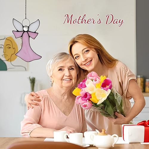 Miniatura 8 de Colgantes de ventana de cristal de ángel rosa, estilo Tiffany, regalos de regalo para enfermera, recuerdo conmemorativo y condolencias (6.3 x 4.3