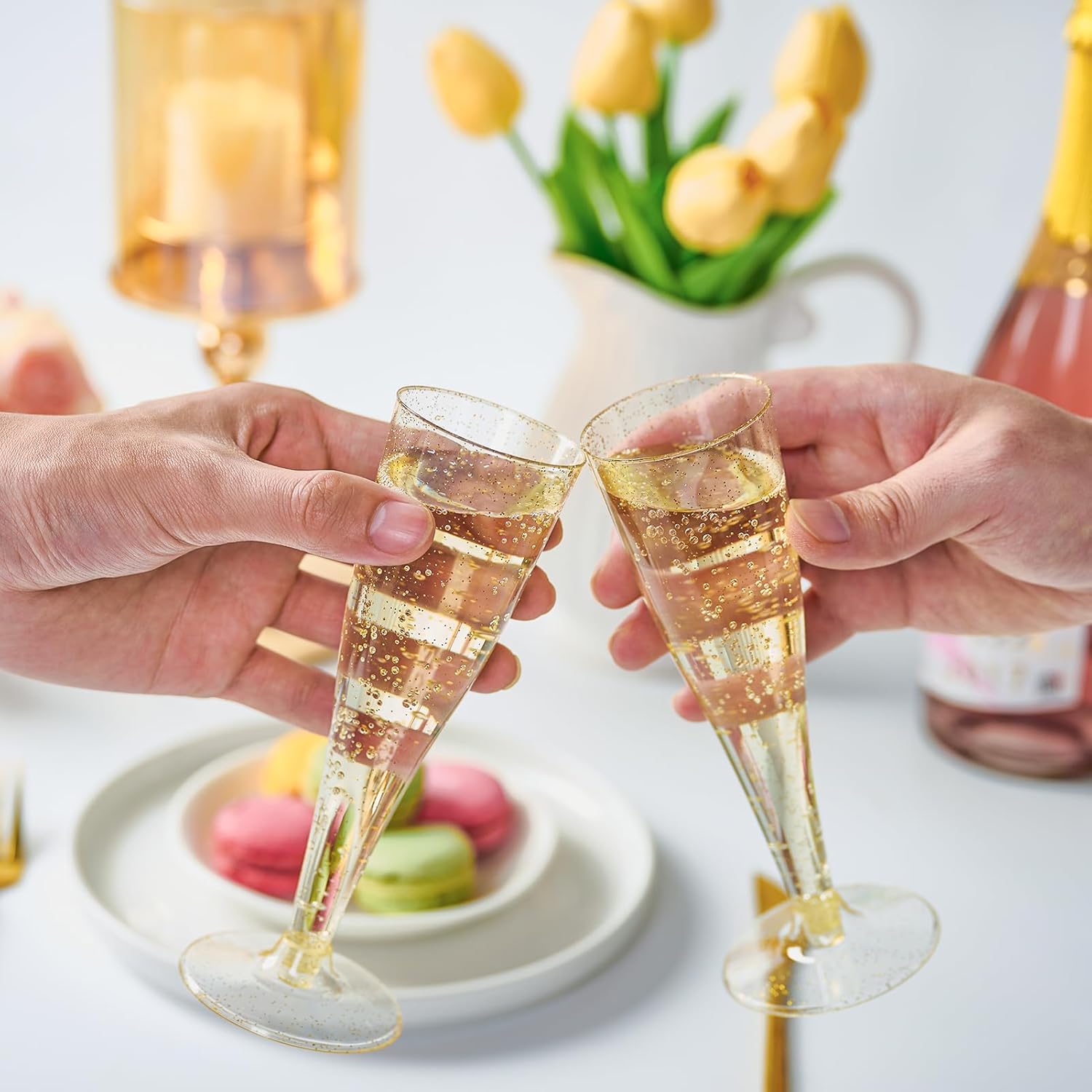 FOCUSLINE 100 Pack Plastic Champagne Flutes, 4.5 Oz Gold Glitter Plastic Champagne Glasses, Disposable Clear Toasting Glasses Recyclable Cups for Wedding Party - Image 8