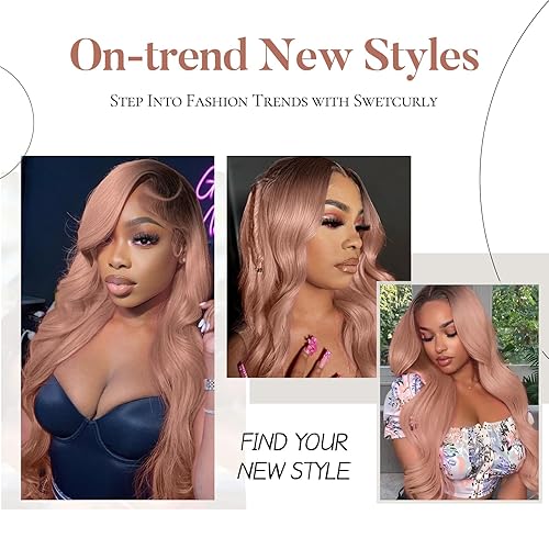 Miniatura 7 de Swetcurly Peluca sintética de color negro a rosa degradado para mujer, pelucas largas de onda natural resistente al calor, aspecto natural, color