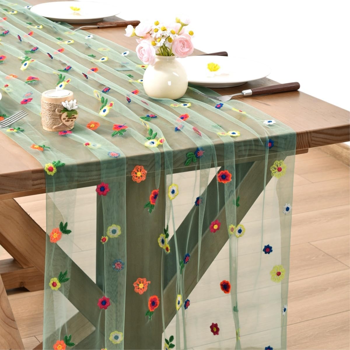 Sage Flower Table Runner Floral Daisy Cheesecloth Wedding Party Home Decor