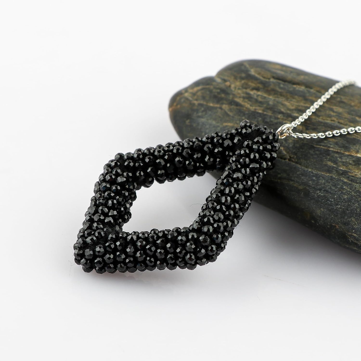CRYSTALIS Natural Black Spinel Beads Pendant Necklace, Beaded Micro Framed Kite Shape Crystals, Chakra Healing Gemstone, Women Jewelry, Sterling Silver 18 inch - Image 3