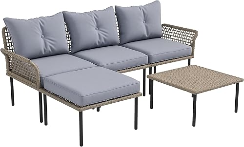 Outsunny Juego de muebles de patio de 5 piezas, juego de conversación al aire libre con sofá en forma de L, cojines, para patio trasero, césped y