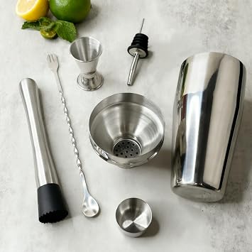 7-Piece Cocktail Shaker Set, Bartender Kit, Home Bar Accessories, Mixing Spoon, Measuring Jigger, Pour Spout, Muddler ,23oz Shaker with Built-in Bartender Strainer,Stainless Steel Bar Set