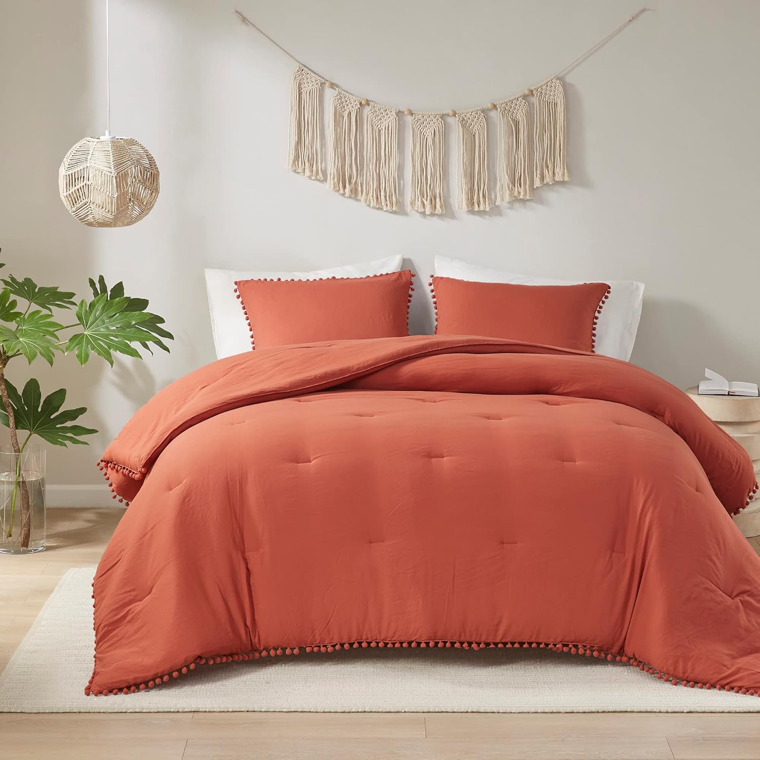 Codi Terracotta King Comforter Set - Boho Chic Bedding with Elegant Pom Fringe, Soft Washed Microfiber 3pc Luxury Set, Lightweight & Breathable for Master Bedroom, 1 Comforter & 2 Pillow Shams