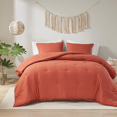 Miniatura 8 de Codi - Juego de edredón tamaño King color terracota - Ropa de cama boho chic con elegantes flecos de pompones, juego de lujo de 3 piezas de