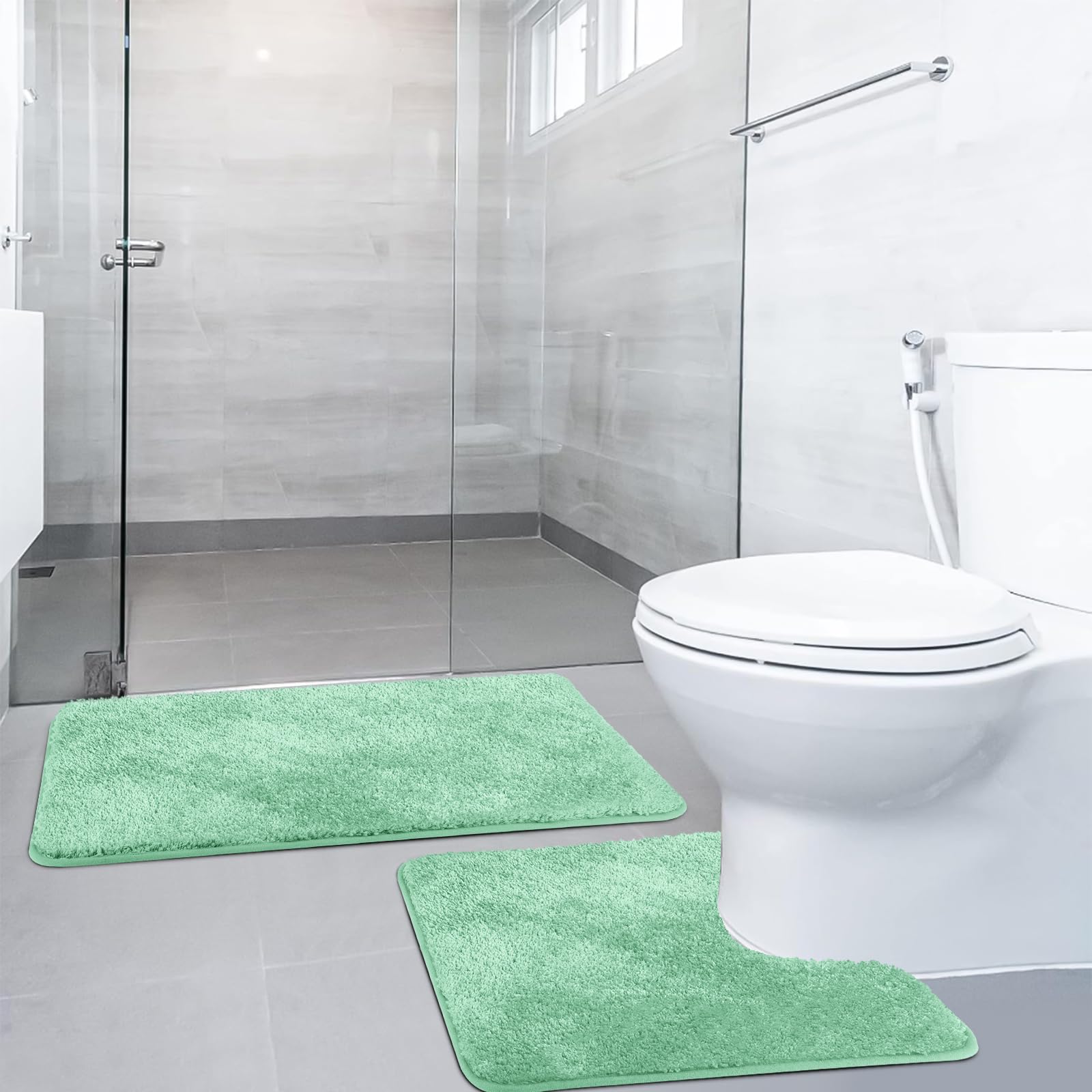 SOANNY Non-Slip Bath Mat Set of 2, 50 X 80 CM Soft Plush Shower Mat & 50 X 50 Toilet Pedestal Carpet, Luxury Thick Microfiber Shaggy Bathroom Rugs, Machine Washable, Absorbent, Light Green — image 1