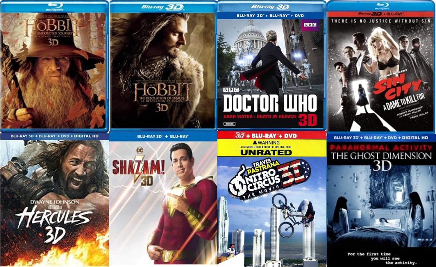 Ultimate Action & Adventure 8-Movie 3D Blu-ray Collection: Hobbit Desolation of Smaug/An Unexpected Journey/Battle of the Five Armies/ Hercules/ Shazam/ Sin City / Wonder Woman/ Paranormal Activity