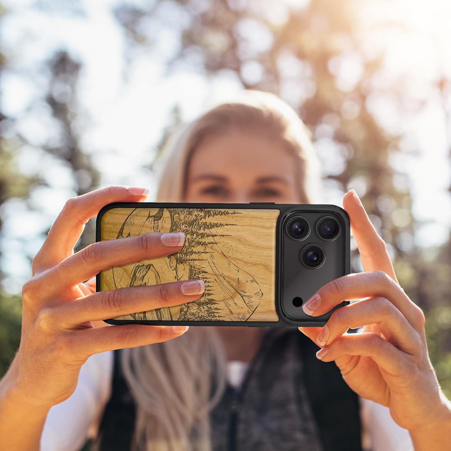 Carveit Magnetic Wooden Case for iPhone 17 Pro Case, Wood Artisan Engraved & Black Soft TPU Shockproof Cover, Compatible with MagSafe Wireless Chargers (The Lake and Mountain Landscape) Cherry - Image 6