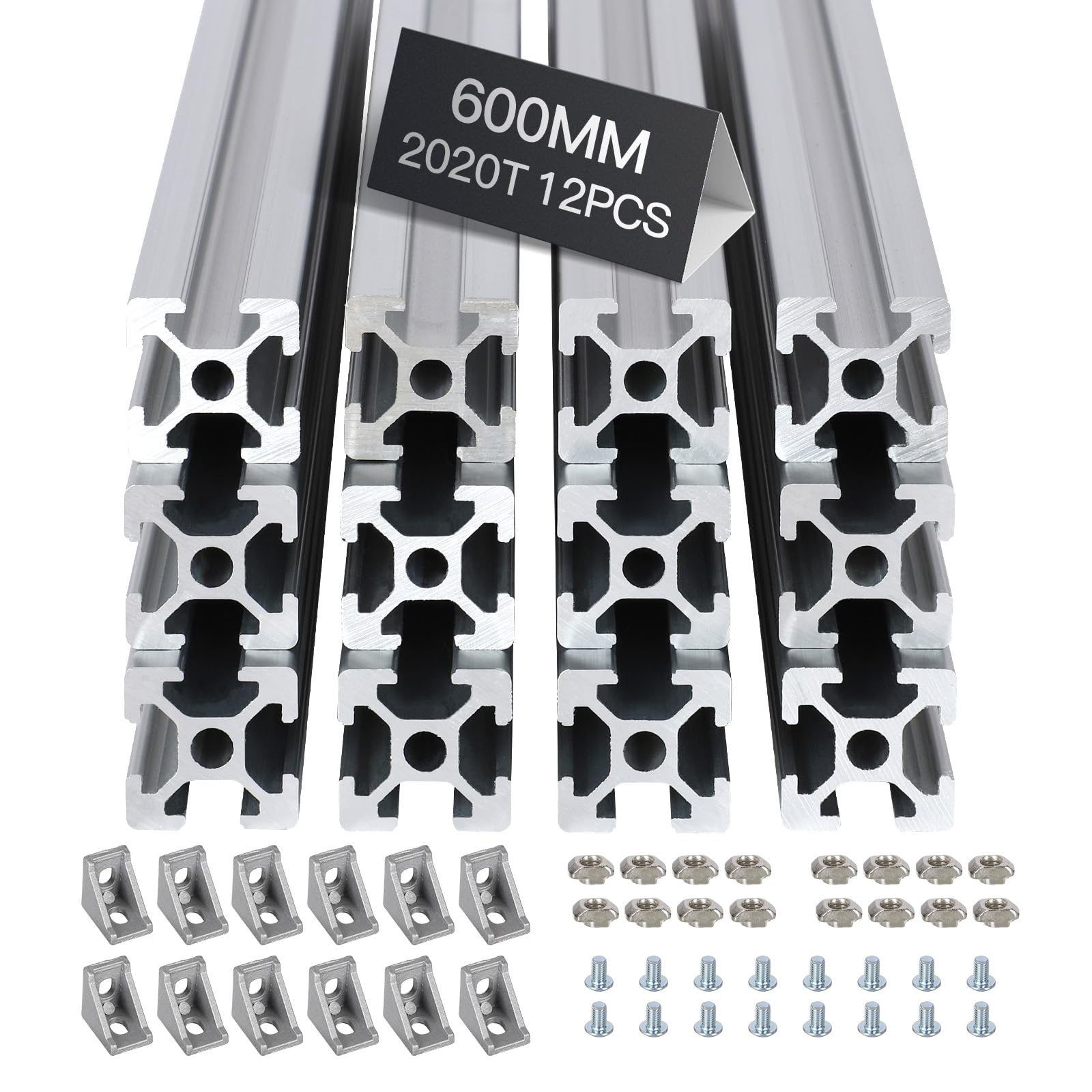 12pcs 600mm T Slot 2020 Aluminum Extrusion, Silver
