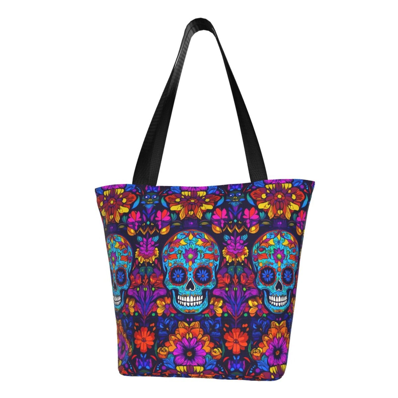 GOAYETN Sugar Skull Day of The Dead Flowers Women one Shoulder Bag Handbag Grocery Bags Tote Bag with Inner Pocket
