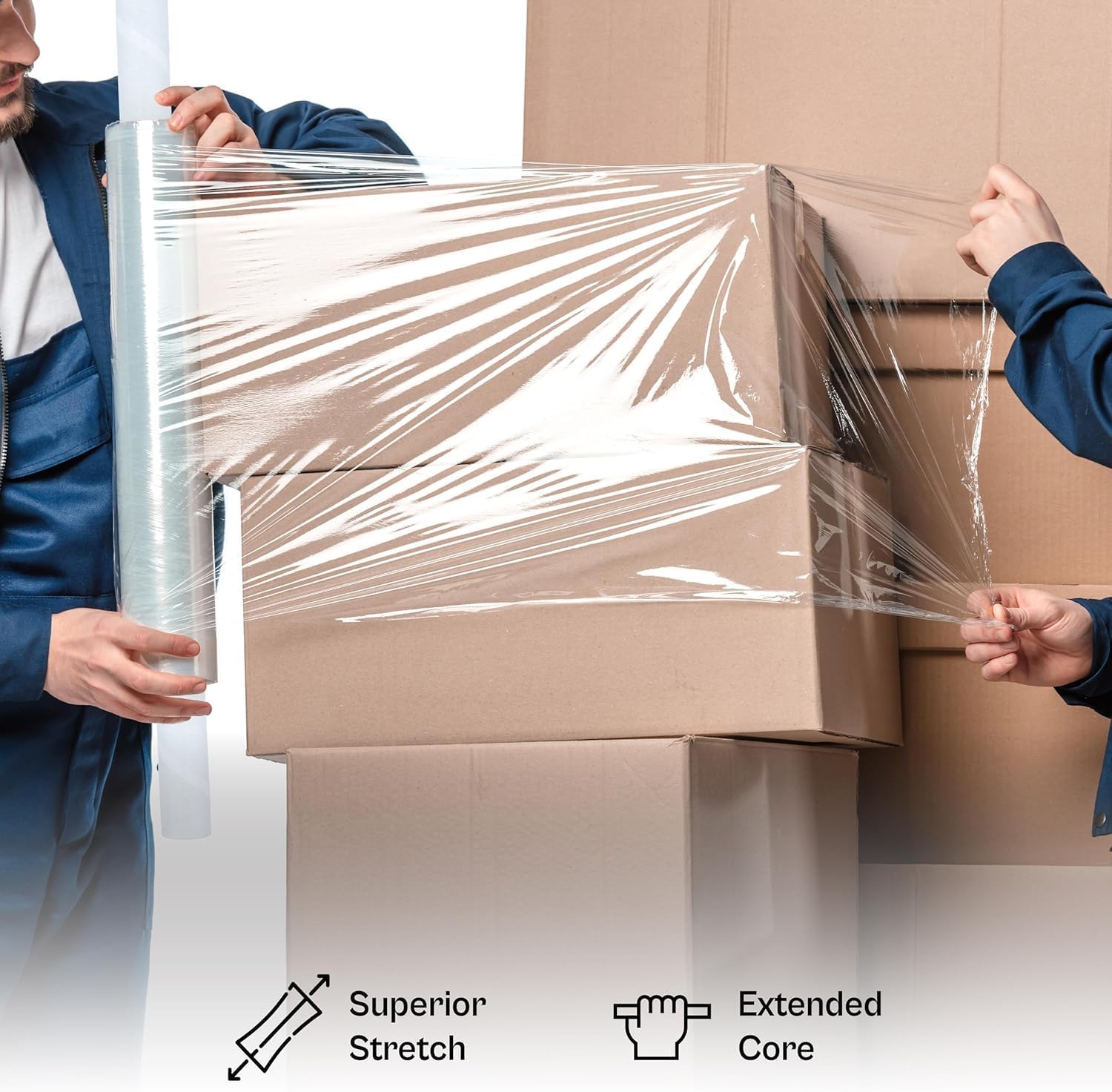 PSBM Stretch Wrap with Extended Core Handles, 4 Pack, 20 Inch x 1000 Feet, 80 Gauge, Clear, Large Plastic Film for Pallets Moving Storing