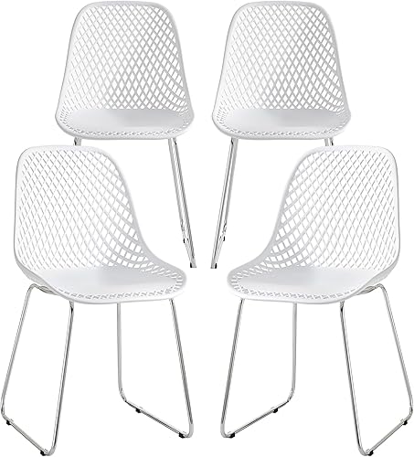 Juego de 4 sillas de comedor modernas de plástico, sillas estables para interiores y exteriores con patas de metal para cafeterías, restaurantes y