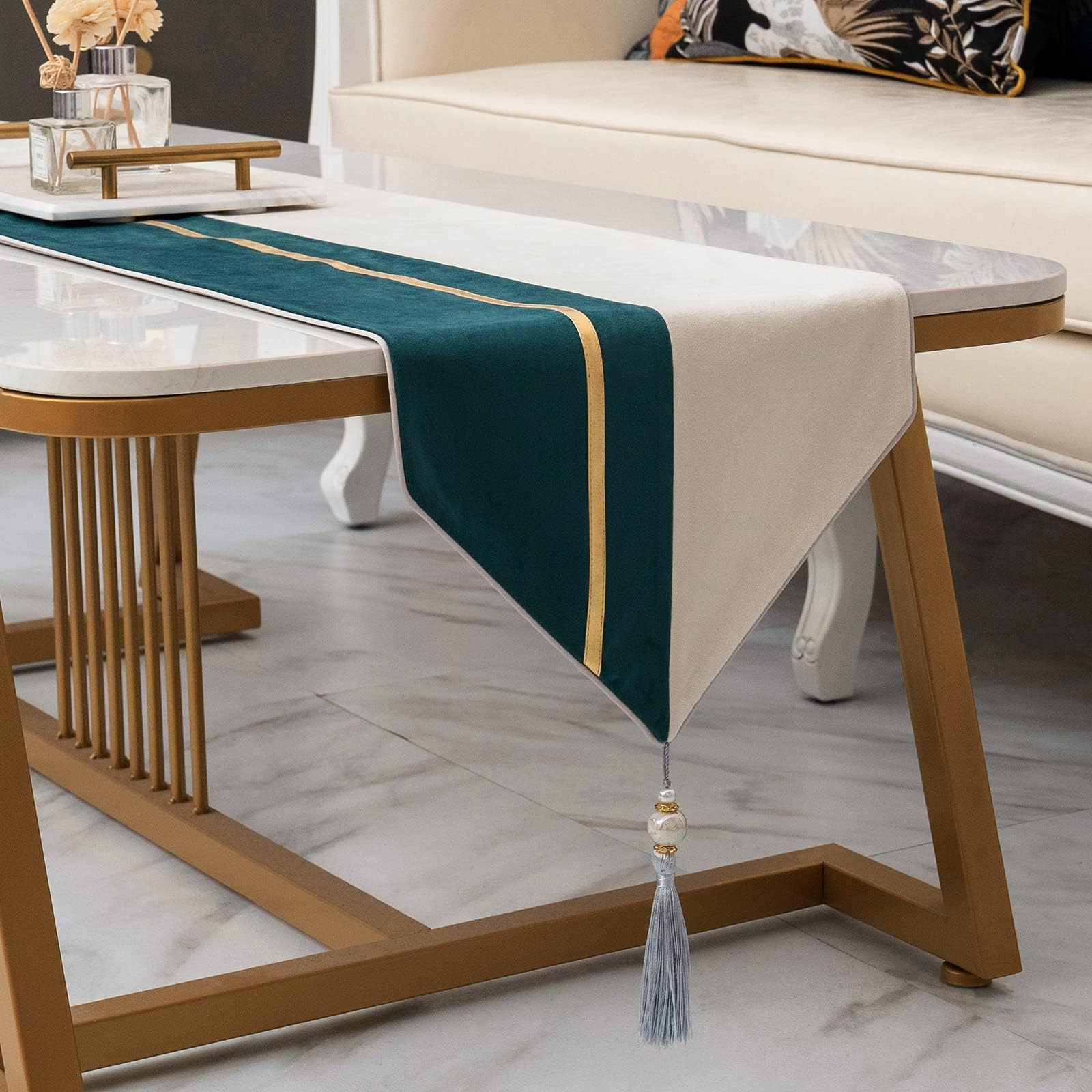 Green Patchwork Velvet Table Runners with Tassels Gold Leather Coffee Dresser Scarves Luxury Table Decor for Home Dining Room, 12 x 72 Inch