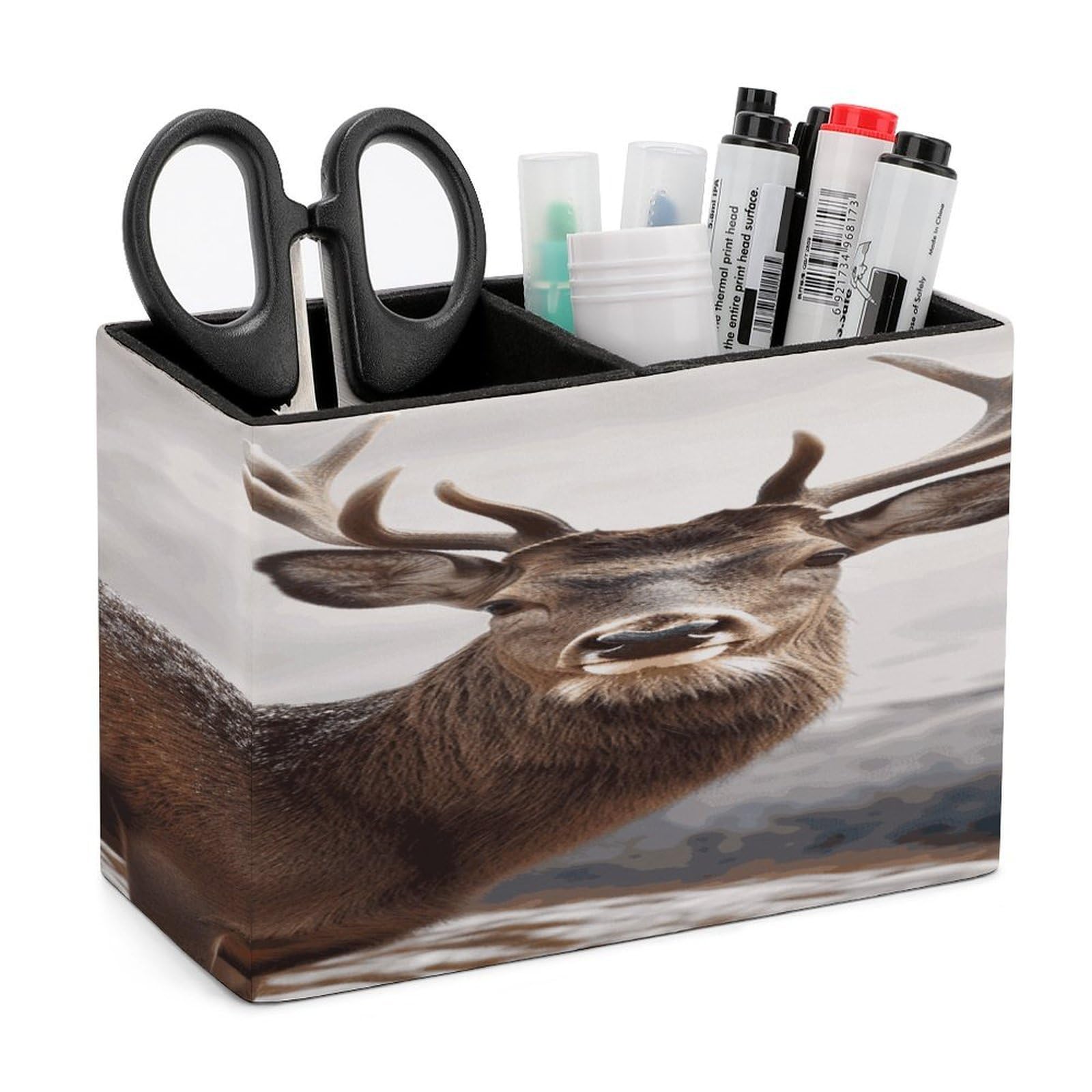 VstaDank Wild Animals Deer Pencil Holder for Desk(Double Slots) Fashion Leather Pencil Cup Simple Rectangular Shape Pen Holder Multi-Functional Pen Cup for Home Office Supplies Storage