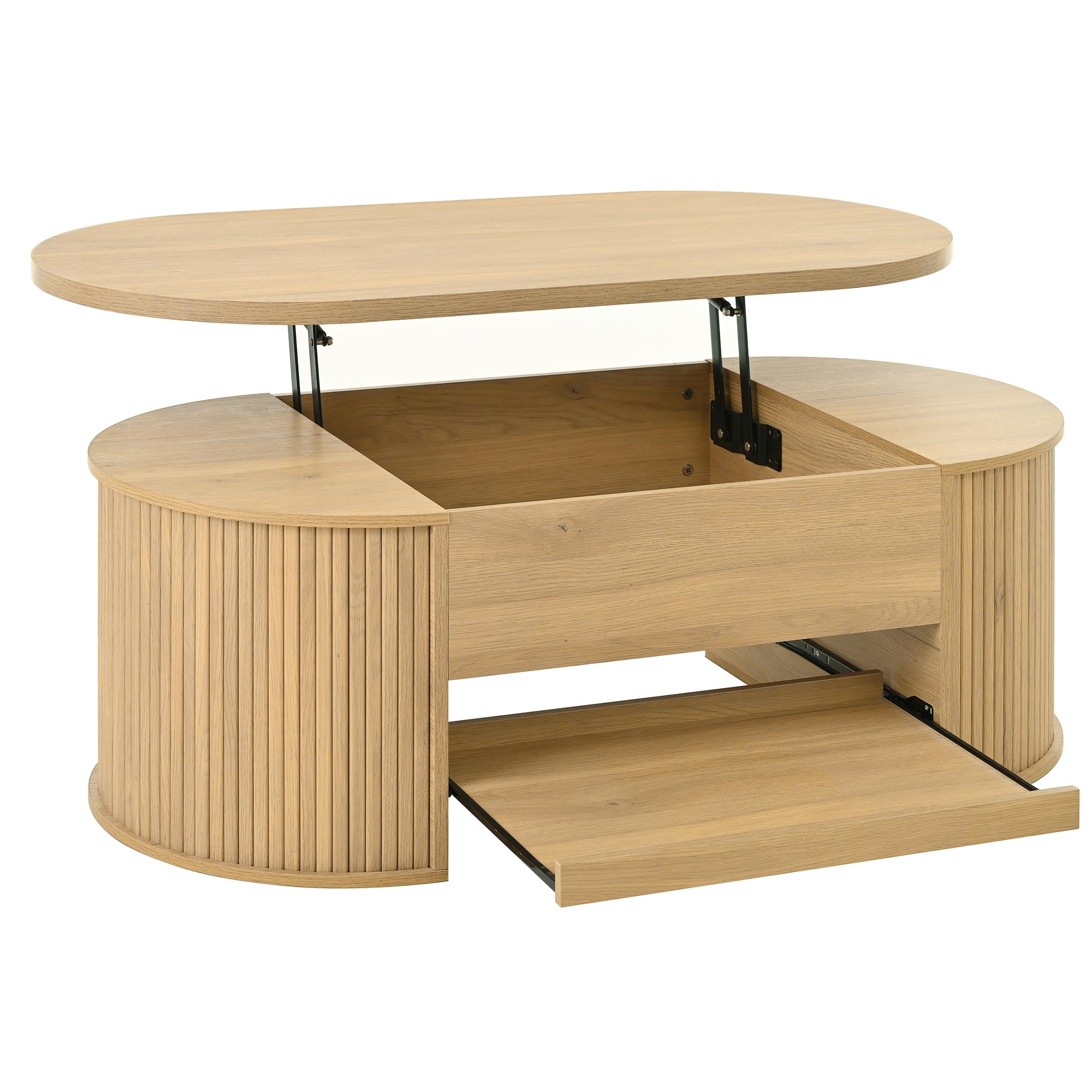 Mesa de centro con lados curvos de madera, estante extensible, mesa elevable, mueble de salón multifuncional 60 x 110 cm (color madera)