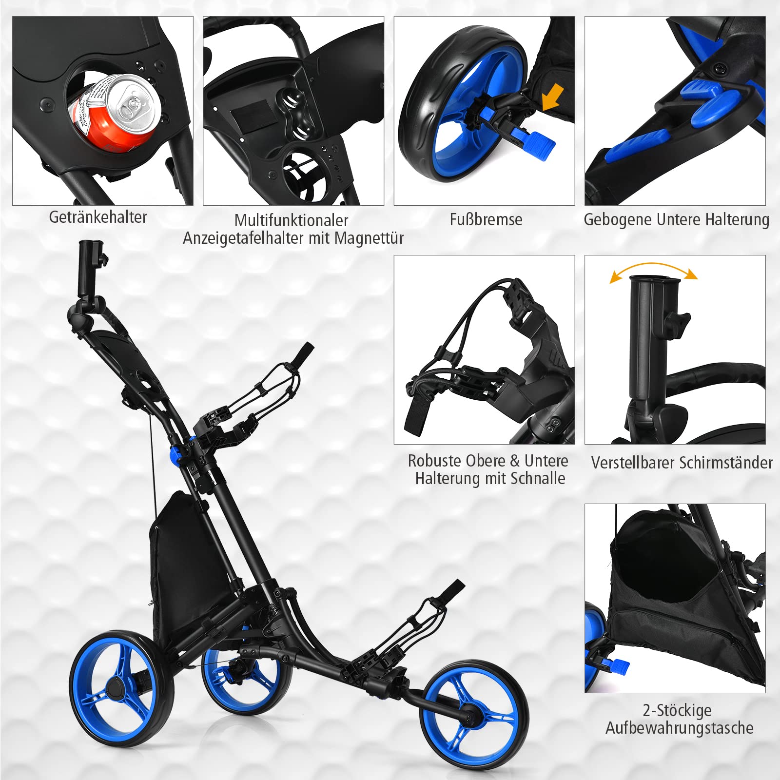 GYMAX 3-Rad Golfwagen, Faltbarer Golftrolley mit Verstellbarem Griff & Schirmhalter & Oberer Taschenhalterung, Golf Push Cart mit Getränkehalter & Anzeigetafel