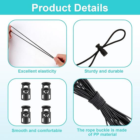 30 Pieces Toggles for Drawstrings and 10m Black Elastic Cord, Plastic Cord Locks Single Hole Spring Toggle Stoppers Fastener Slide for Shoelaces Clothing Camping Equipment Backpack Paracord