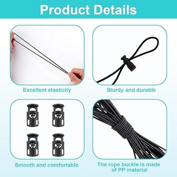 30 Pieces Toggles for Drawstrings and 10m Black Elastic Cord, Plastic Cord Locks Single Hole Spring Toggle Stoppers Fastener Slide for Shoelaces Clothing Camping Equipment Backpack Paracord