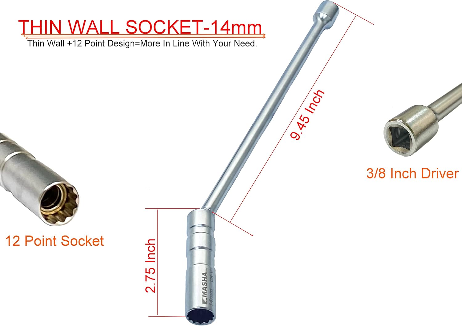 14mm Swivel Magnetic With Thin Wall Spark Plug Socket,3/8 Inch Driver × 12 Inch Total Length,12-Point Thin Wall Socket With Enhanced Magnetic Design for BMW,Mini,Nissan