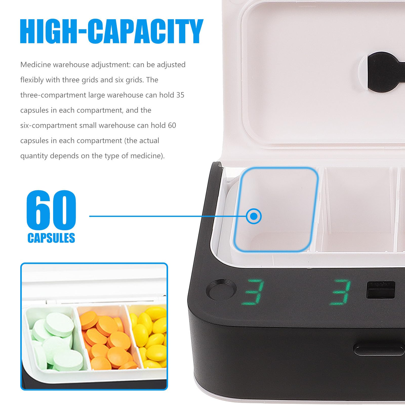 DOITOOL Portapillole Elettronico Allarme Intelligente per Anziani, Organizer per Medicinali in PC 3 o 6 Scomparti e Funzione Promemoria per Assumere Farmaci