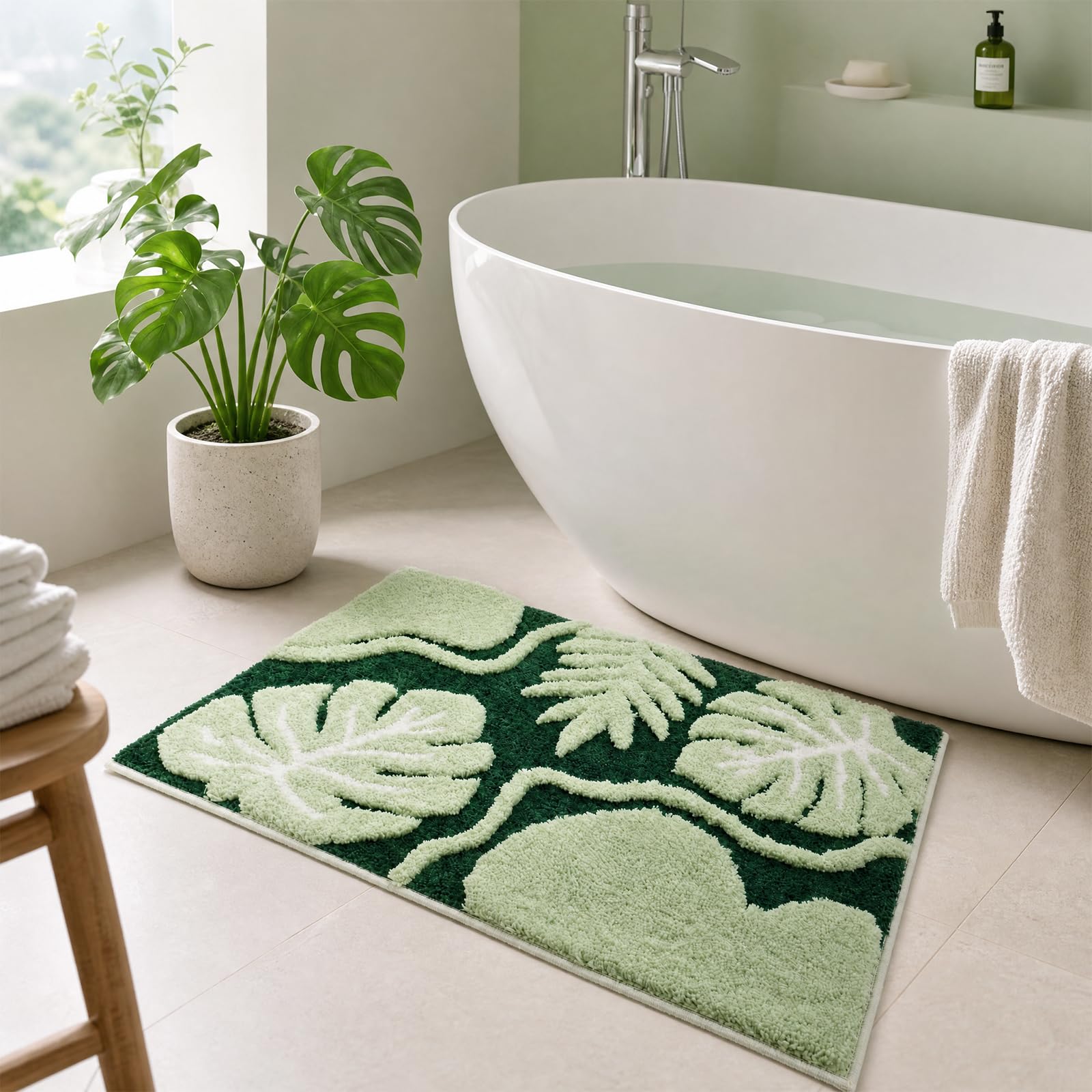 BLESWIN Tapis de Salle de Bain à Motif de Feuilles, 60 × 90 cm, Tapis de Salle de Bain antidérapant et Moelleux, fabriqué en Microfibres duveteuses, adapté à la Douche et à la Chambre,(Vert foncé)