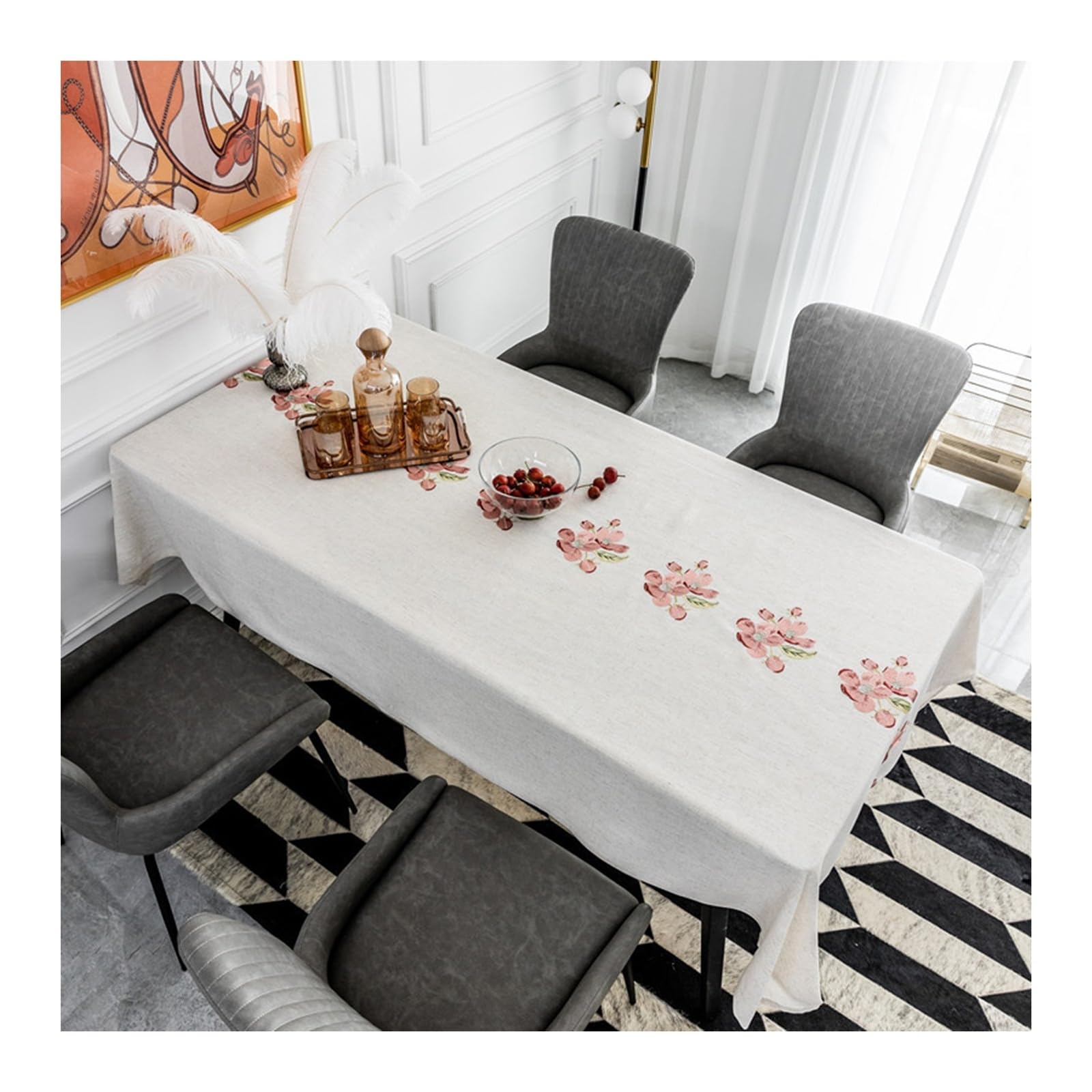 Nappe fleur brodée rose pour repas de famille et décoration
