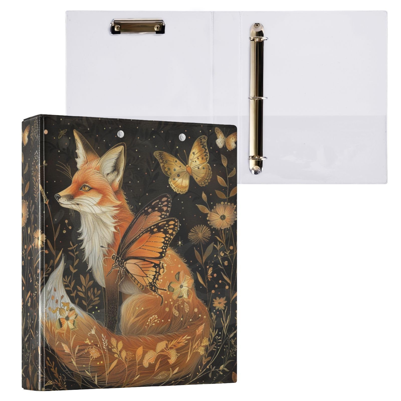 ALAZA Beautiful Fox Butterfly - Raccoglitore ad anelli con 3 anelli rotondi da 3,8 cm, con portablocco, con 3 tasche interne trasparenti, per casa, ufficio, lavoro, confezione da 1