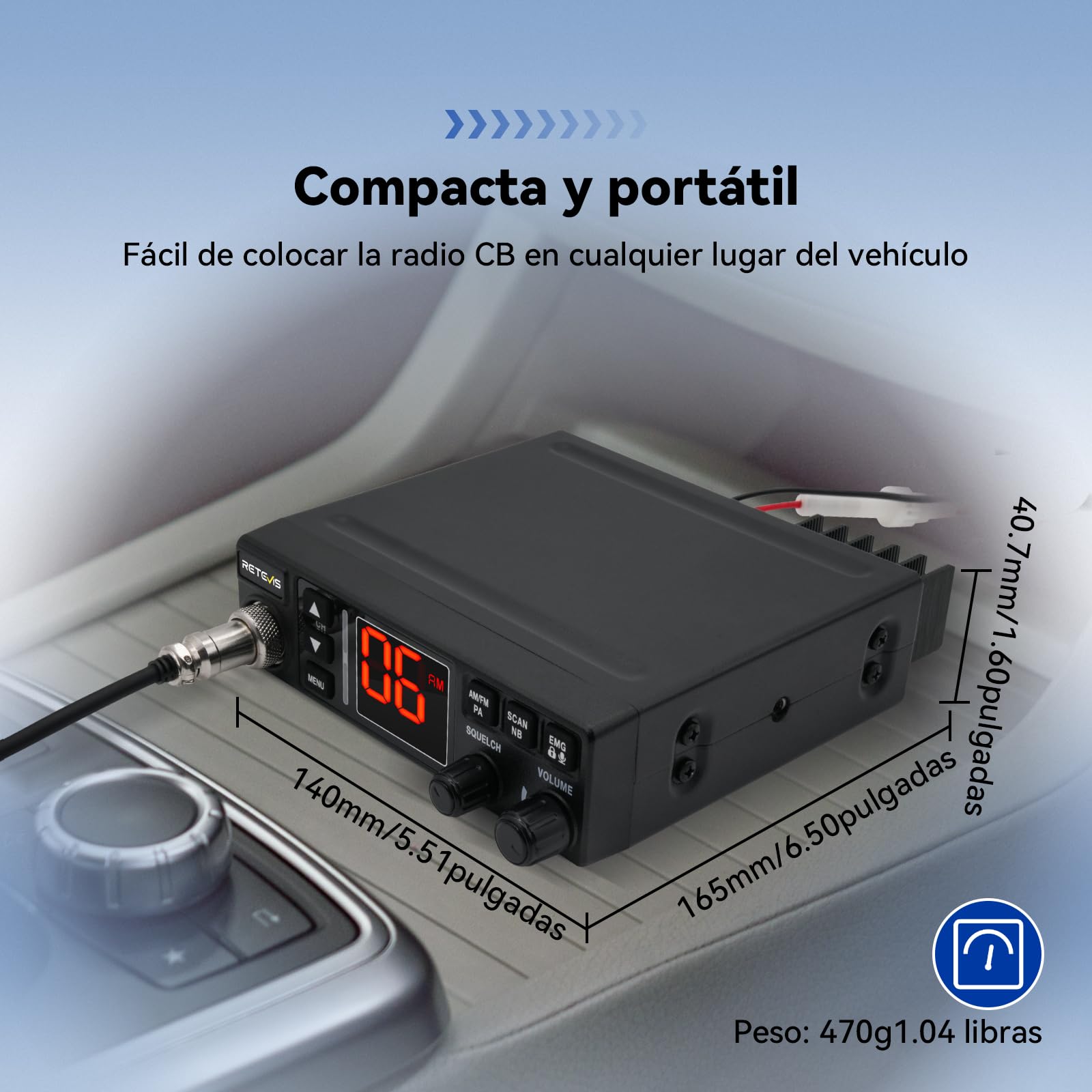 ‌Retevis MB63A Radio CB, Emisora CB Am/FM con Filtro de Ruido (NB/ANL), Sistema de Refrigeración, Enchufe de Mechero, Compatible 12V/24V, Megafonía, VOX, Emergencia CH9 para Camiones