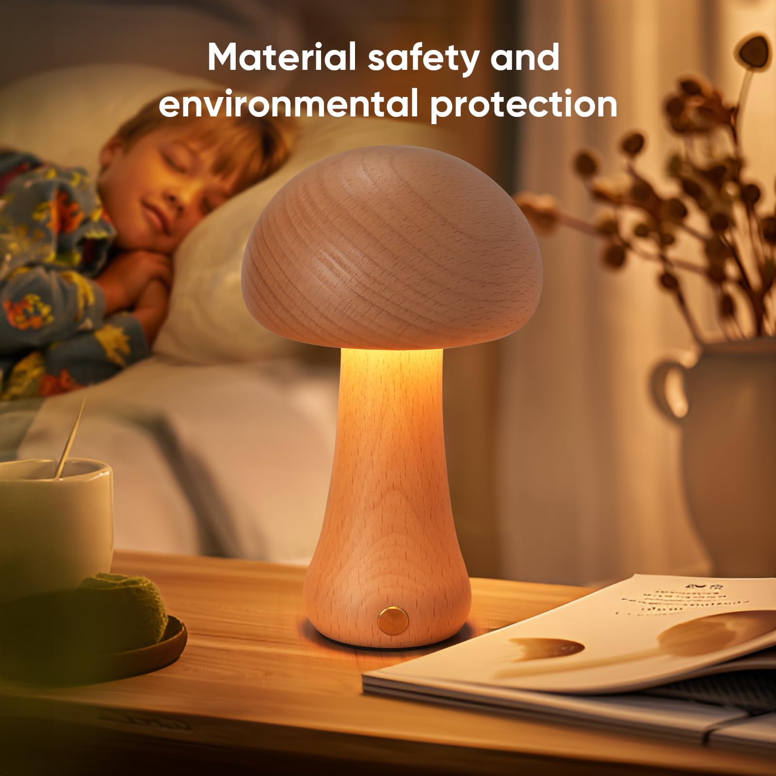 Schindora Lampada Da Comodino Legno,Piccolo Funghi LED Luce Notturna Bambini USB Carica,Dimmazione Graduale 3W,Decor Comodini Camera Da Letto Per Cameretta Soggiorno