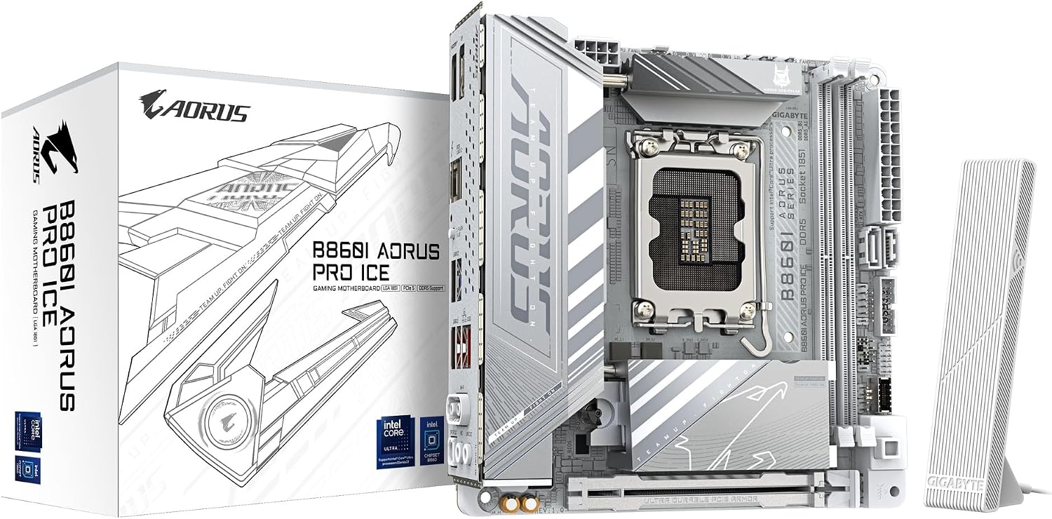 B860I AORUS PRO ICE Intel Core Ultra (Series 2) LGA 1851 Motherboard, Mini-ITX, DDR5, 2X M.2, PCIe 5.0, Thunderbolt 4, WIFI7, 2.5GbE LAN, EZ-Latch