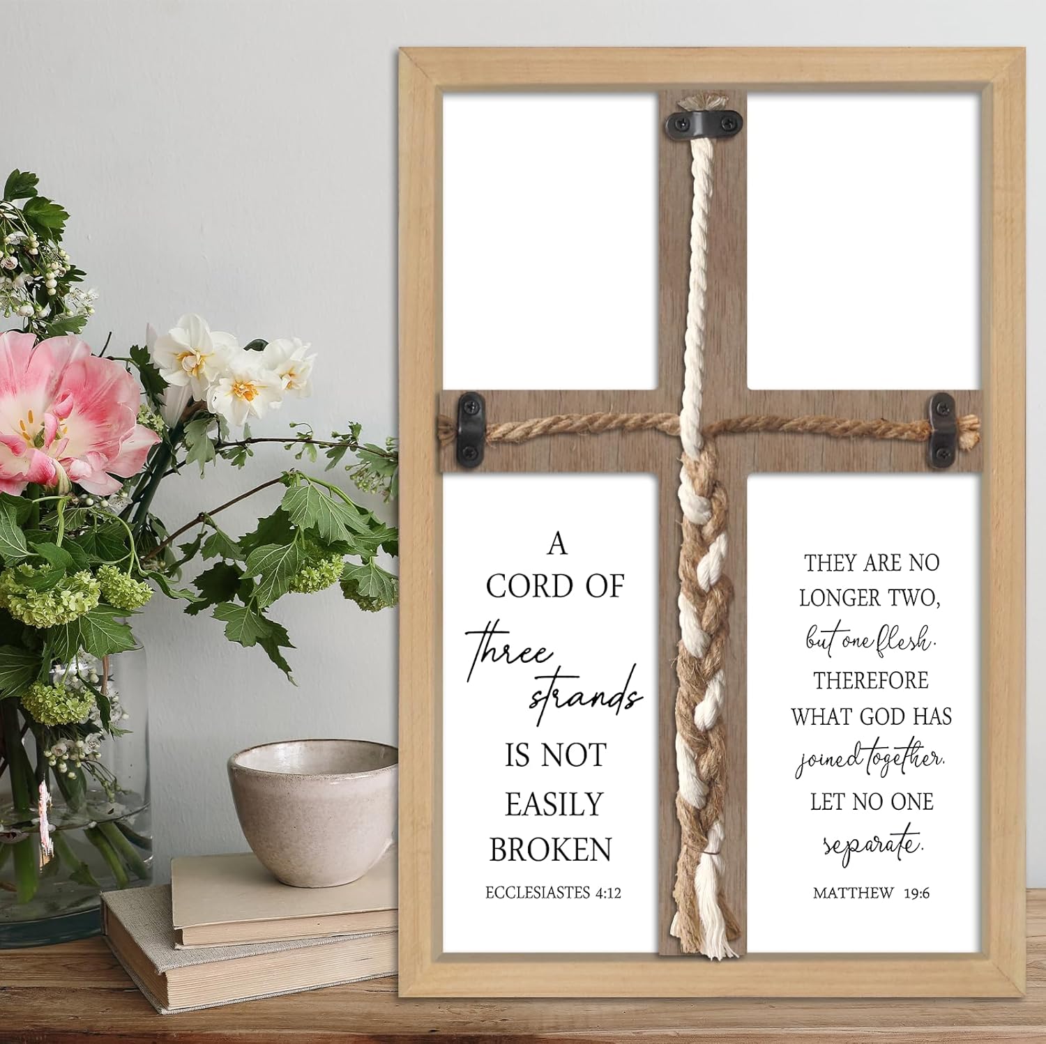comurdyo A Cord of Three Strands Wedding Ceremony Cross Sign Wall Decor 15"X10" Unity Cord Art Ecclesiastes 4:12 for Couple Braid Christian Bible Verse Scripture Religious Marriage Prayer Gifts (Wood)