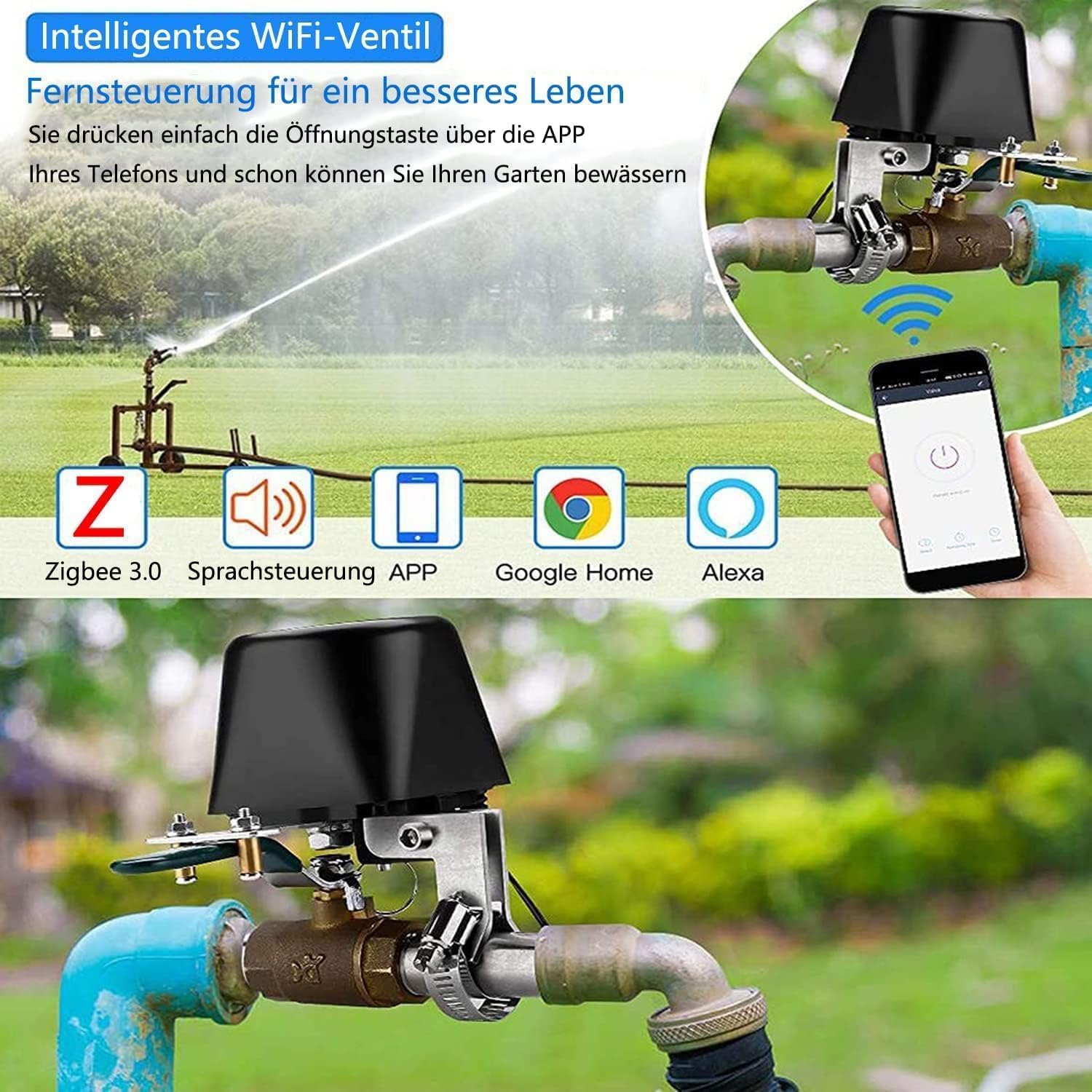 UseeLink Valvola dell'acqua intelligente, controllo valvola Zigbee, controllo irrigazione, valvola di intercettazione dell'acqua, compatibile con Alexa e Google, richiede Zigbee Hub