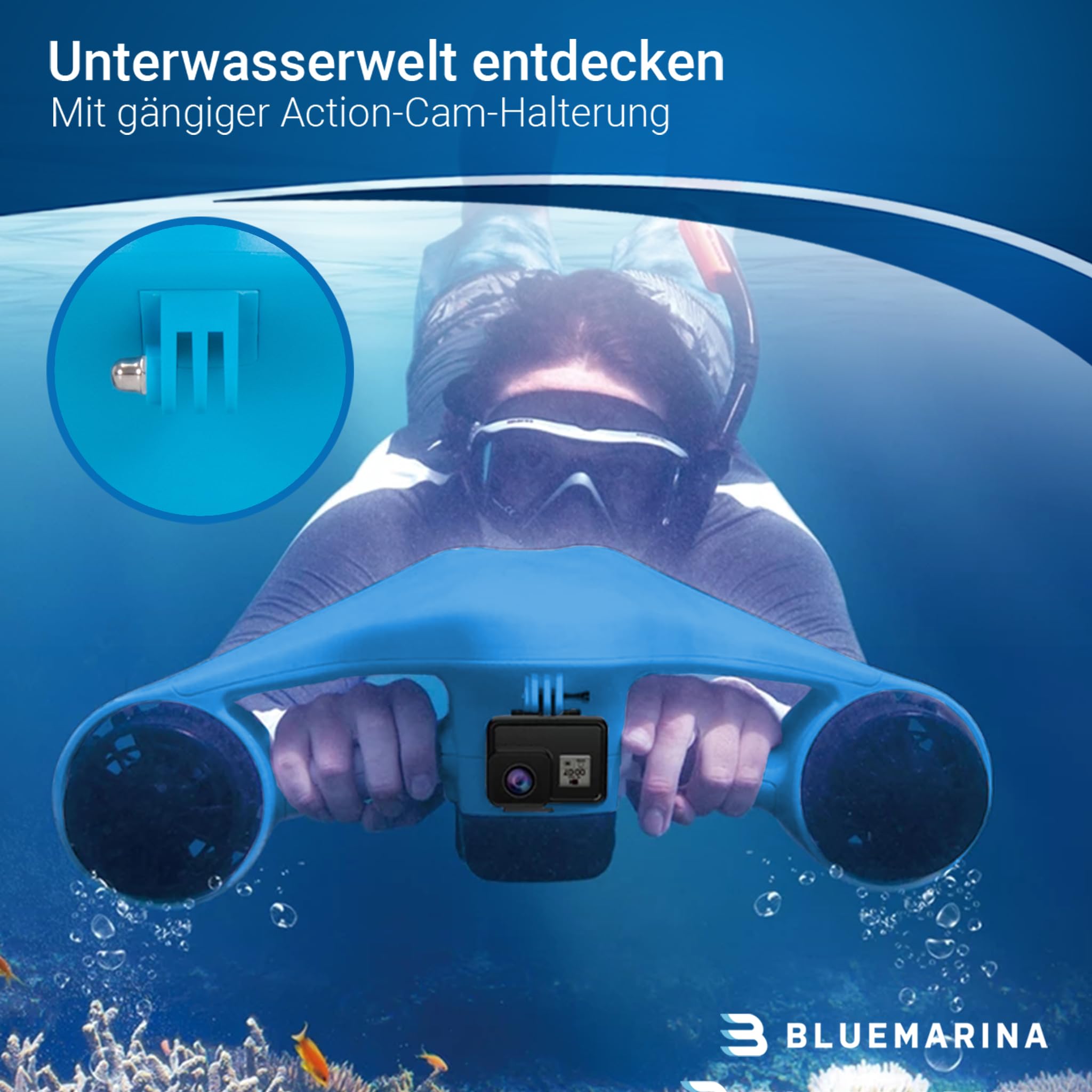 Bluemarina Tauchscooter Orca | Seascooter - 2 x 500 Watt Motoren - 3 Geschwindigkeiten - Topspeed 5.4 km/h - Bis 30 Meter Tauchtiefe - Sinkschutz - Unterwasserscooter - Tauchen - Underwater Scooter