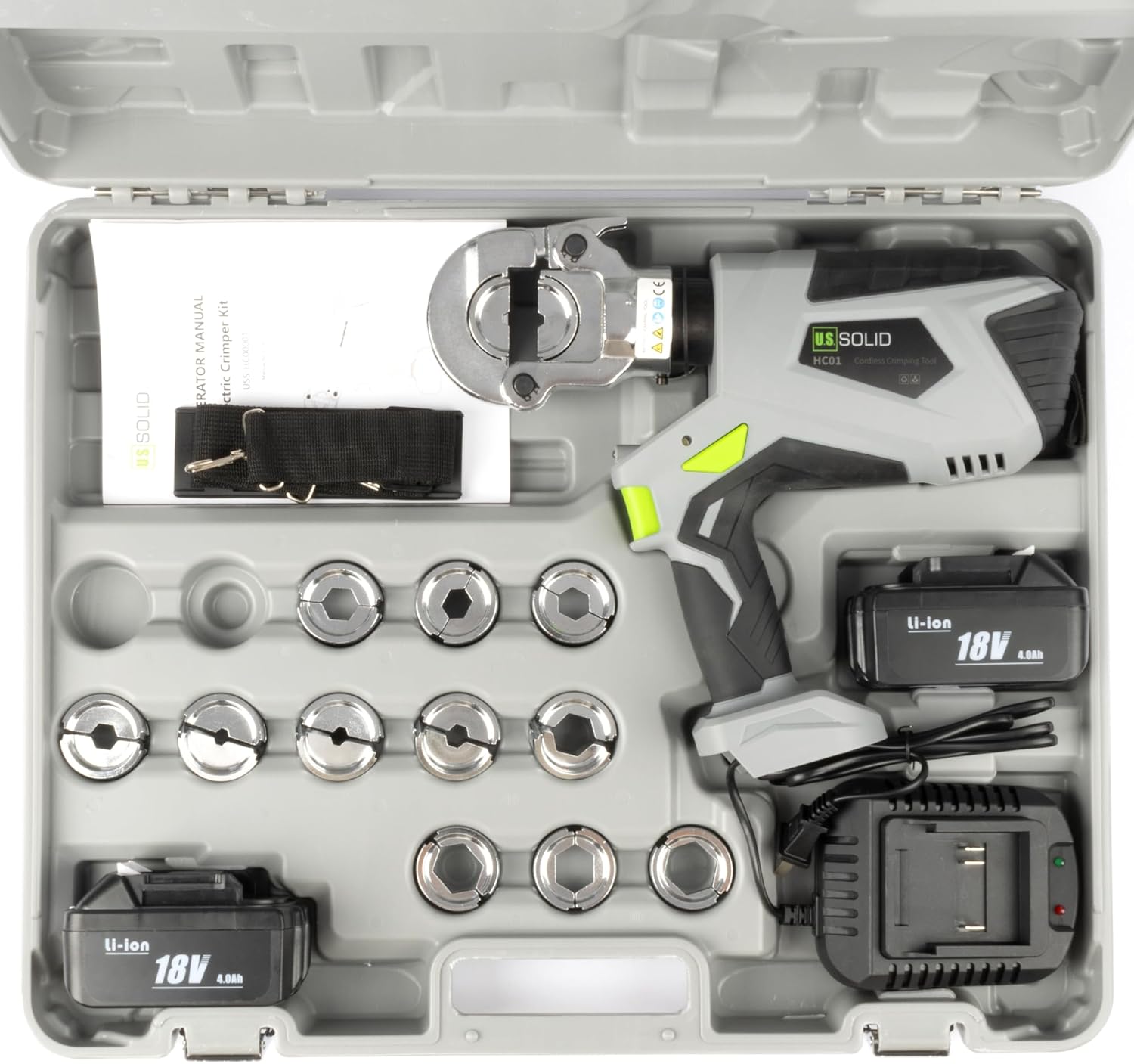 U.S. Solid Electric Cordless Hydraulic Crimper Tool Kit 6.5 ton Rechargeable for Cu Terminal Lugs Splices Cable Wire Connector with Standard 8 AWG - 600 MCM Copper Dies, 2 Li-ion Batteries, Charger