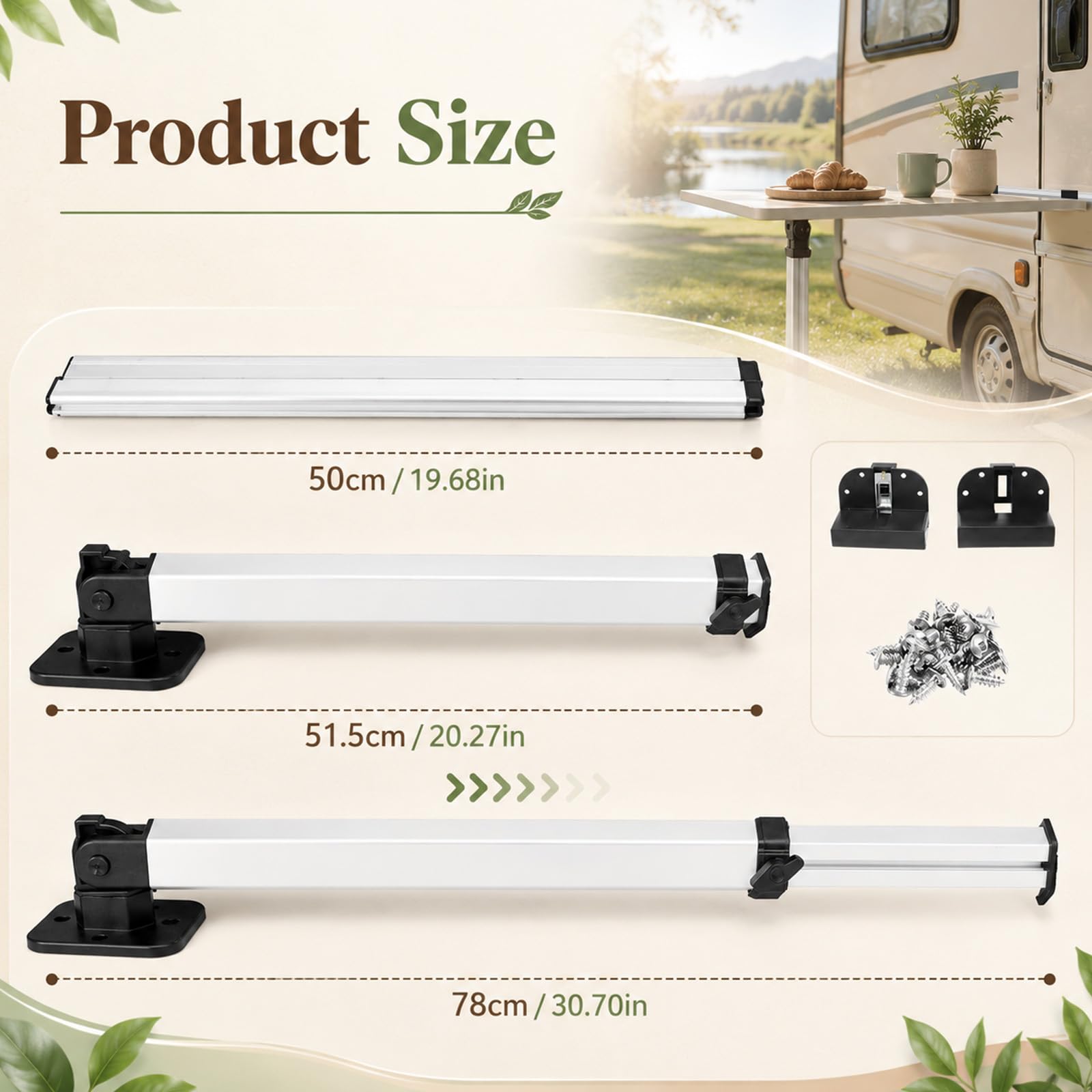 Tischbein und Gleitschiene für Wohnmobil, 51,5-78cm Teleskopisch Tischbein | Aluminium Abnehmbares Klapptischbein und 50cm Führungsschienen für Camper Wohnwagen Yacht (nicht inbegriffen Tischplatte)
