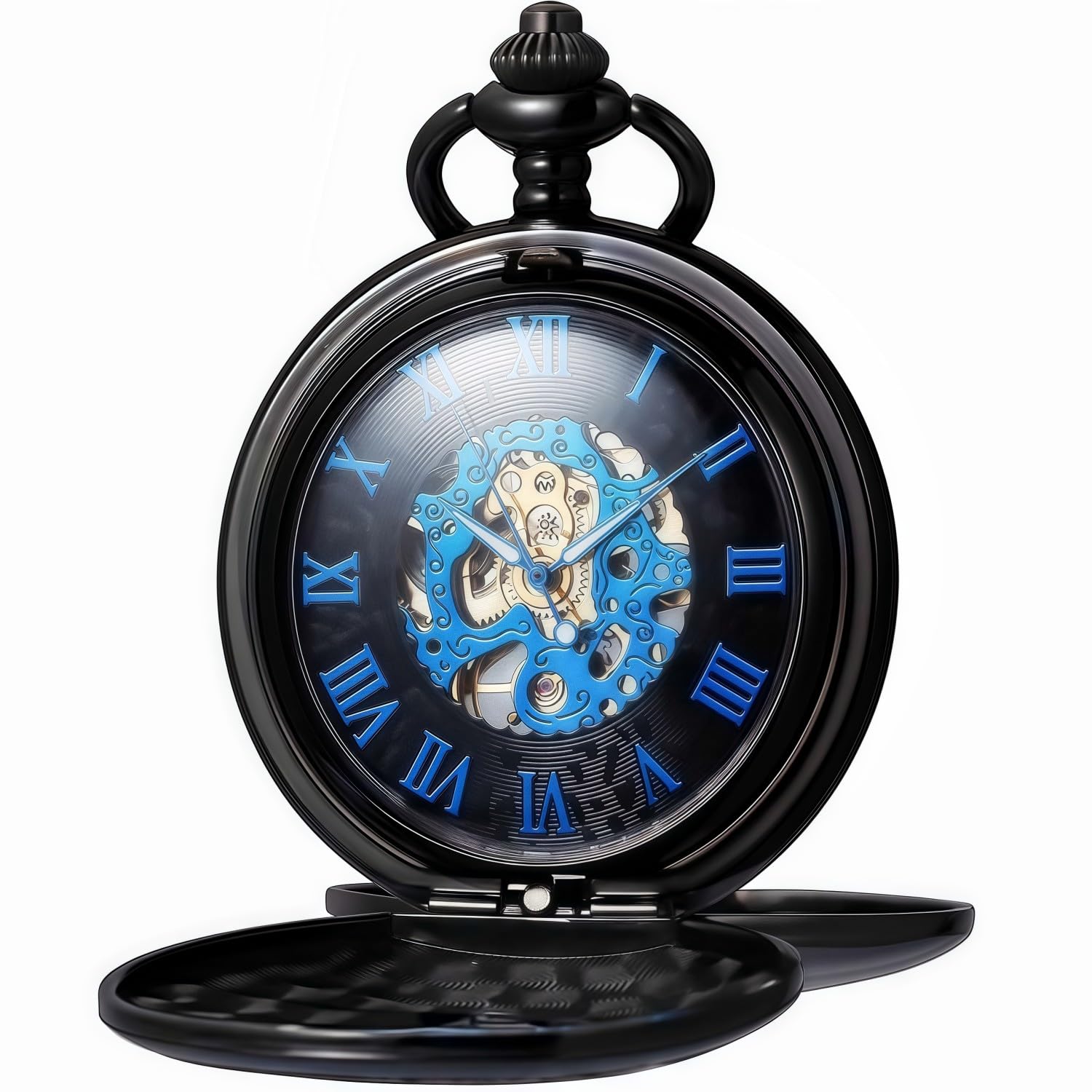 Mechanical Roman Numerals Dial Skeleton Pocket Watches with Box and Chains for Mens Women Black Blue-image-17