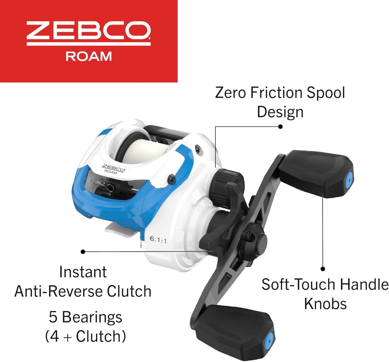 Zebco Roam Baitcast Reel and Fishing Rod Combo, 6-Foot 6-Inch 2-Piece Fiberglass Fishing Pole with Split-Grip MaxTac Rod Handle, Lightweight Graphite Frame, Right-Hand Retrieve