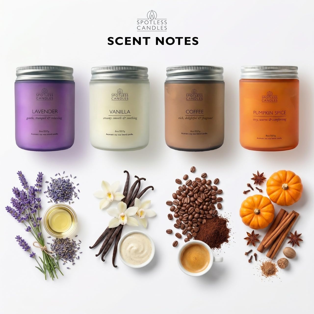 Spotless Leopard Juego de velas para mujer, regalos para mujer, paquete de 4 velas perfumadas de 227 g, juego mixto de aromas clásicos en tarros de vidrio de colores de 7,6 x 10,16 cm, pino, café,