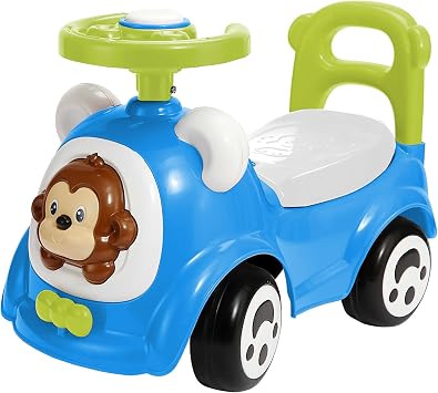 Push & Ride Racer - Blue & Monkey - Foot-to-Floor Car Ride-On, Push Handle, Air Horn, Anti-Rolling Design, Seat Storage, Toddlers Ages 1-2