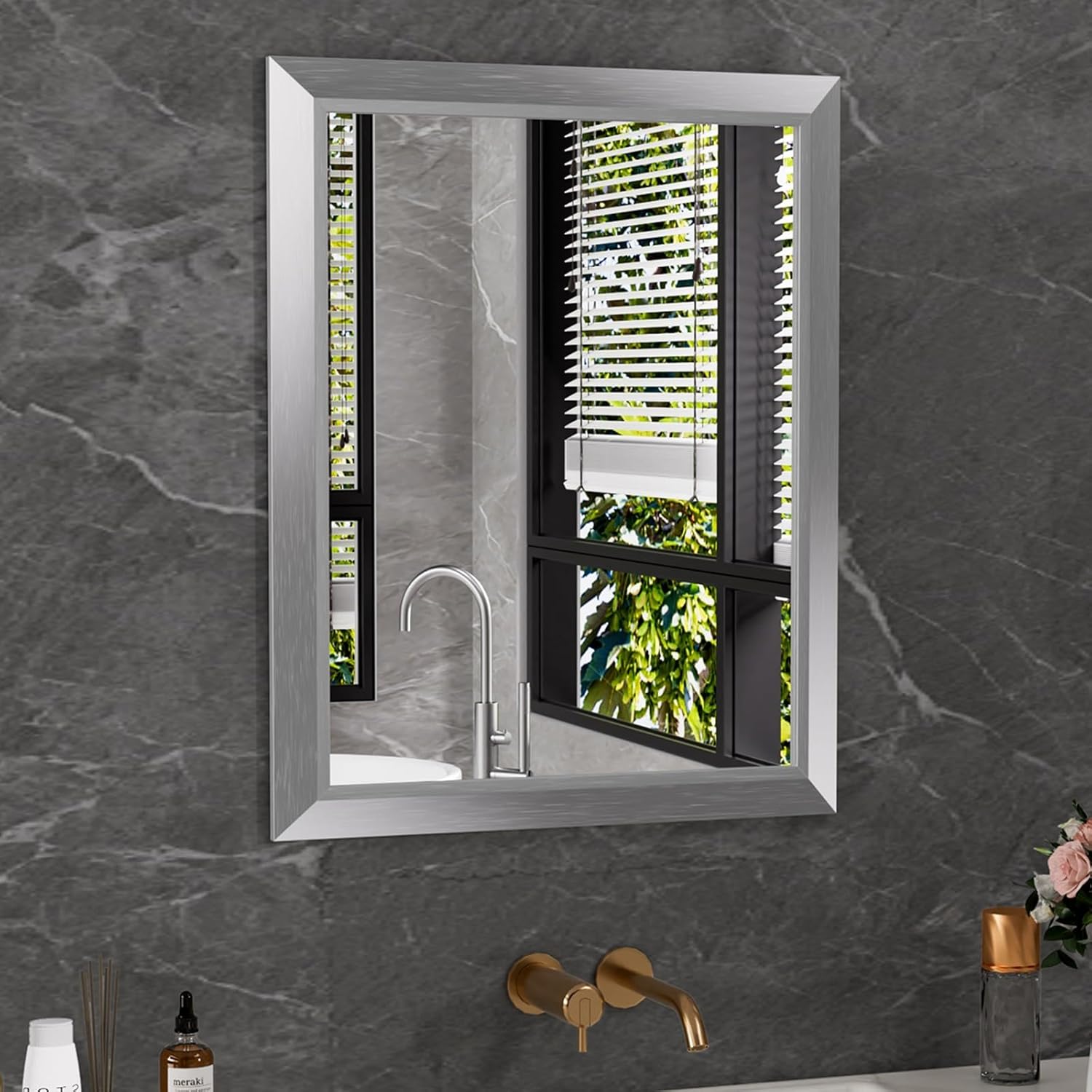 Amorho 24x30 Inch Bathroom Mirror Silver, Thick Metal Framed Wall Mirrors for Over Sink, Brushed Nickel Mirror Perfect for Bedroom, Living Room, Entryway, Rectangle (Horizontal/Vertical). Silver 30"L x 24"W