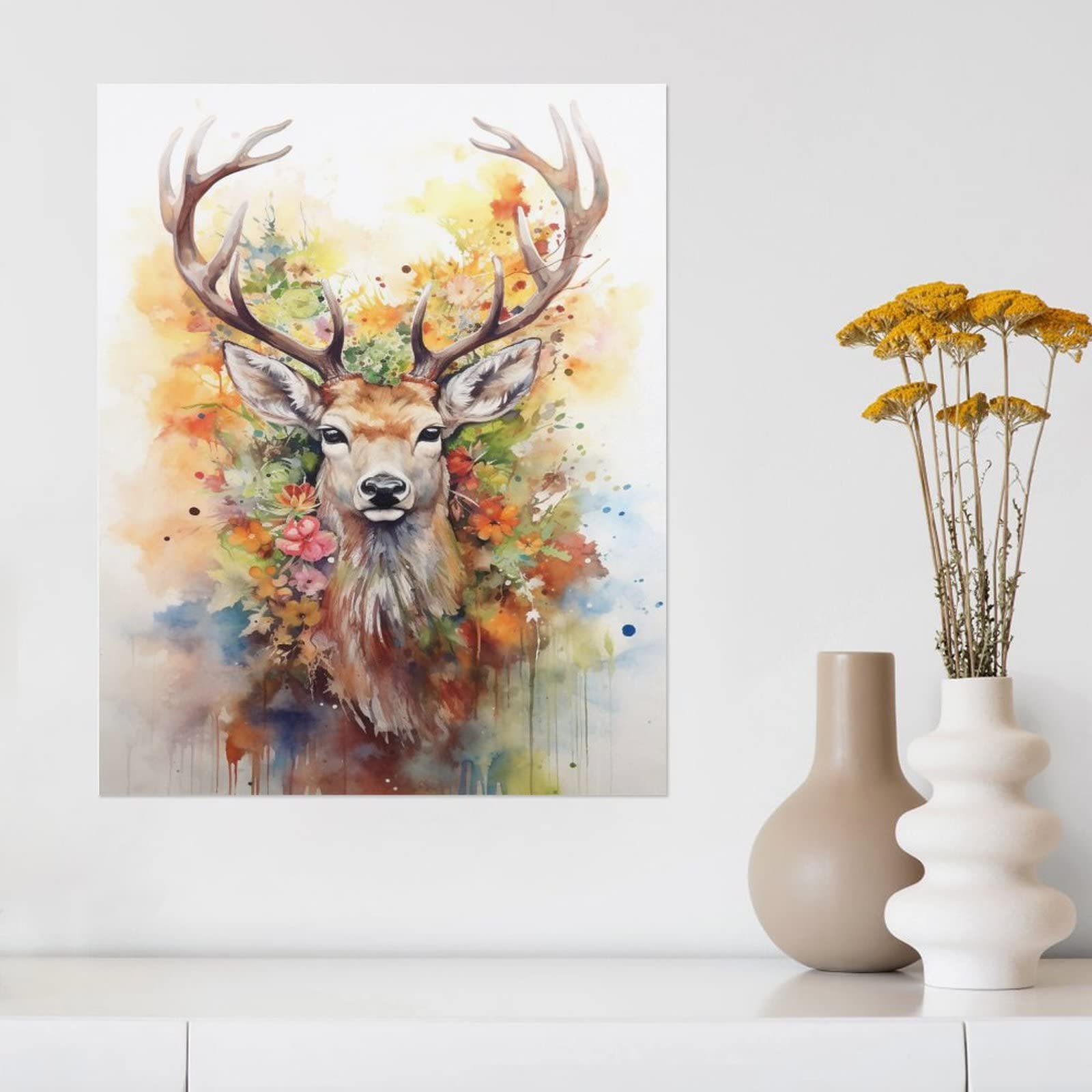 Amazon.co.jp: 絵画 鹿と花インテリア 絵画 カラー水墨画アートパネル 壁の絵 壁掛け ソファの背景絵画 玄関 絵画 額無し  20x25cm : ホーム＆キッチン S-TING 壁纸 油絵、水墨画、装飾画、トリプル森、鹿、壁画、研究、絵画、壁画ポーチ（フレーム付き30 *  45センチメートル*, image size:1600x1600