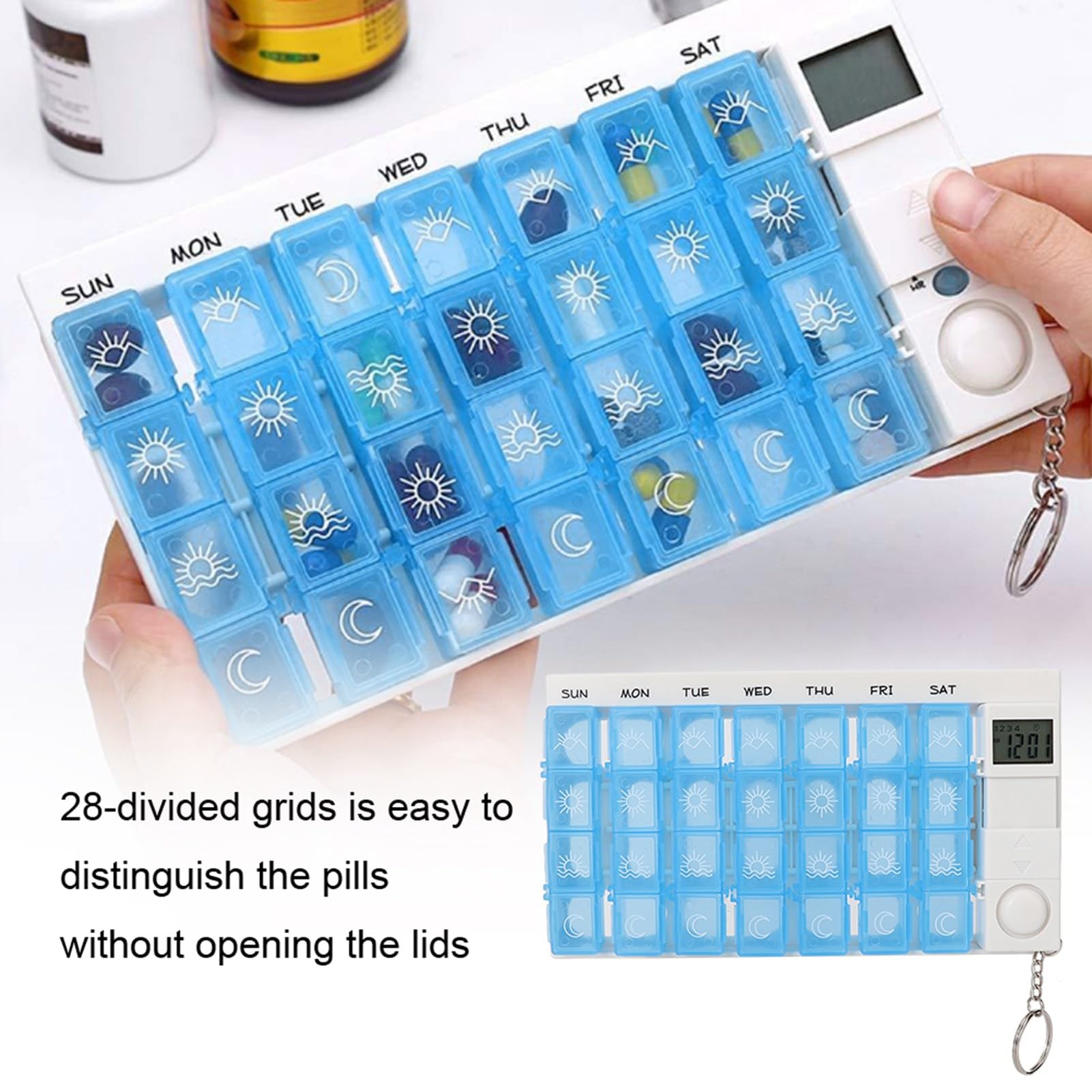 Brrnoo Dispenser automatico di pillole con promemoria elettronico, contenitore per medicinali per 7 giorni, blu