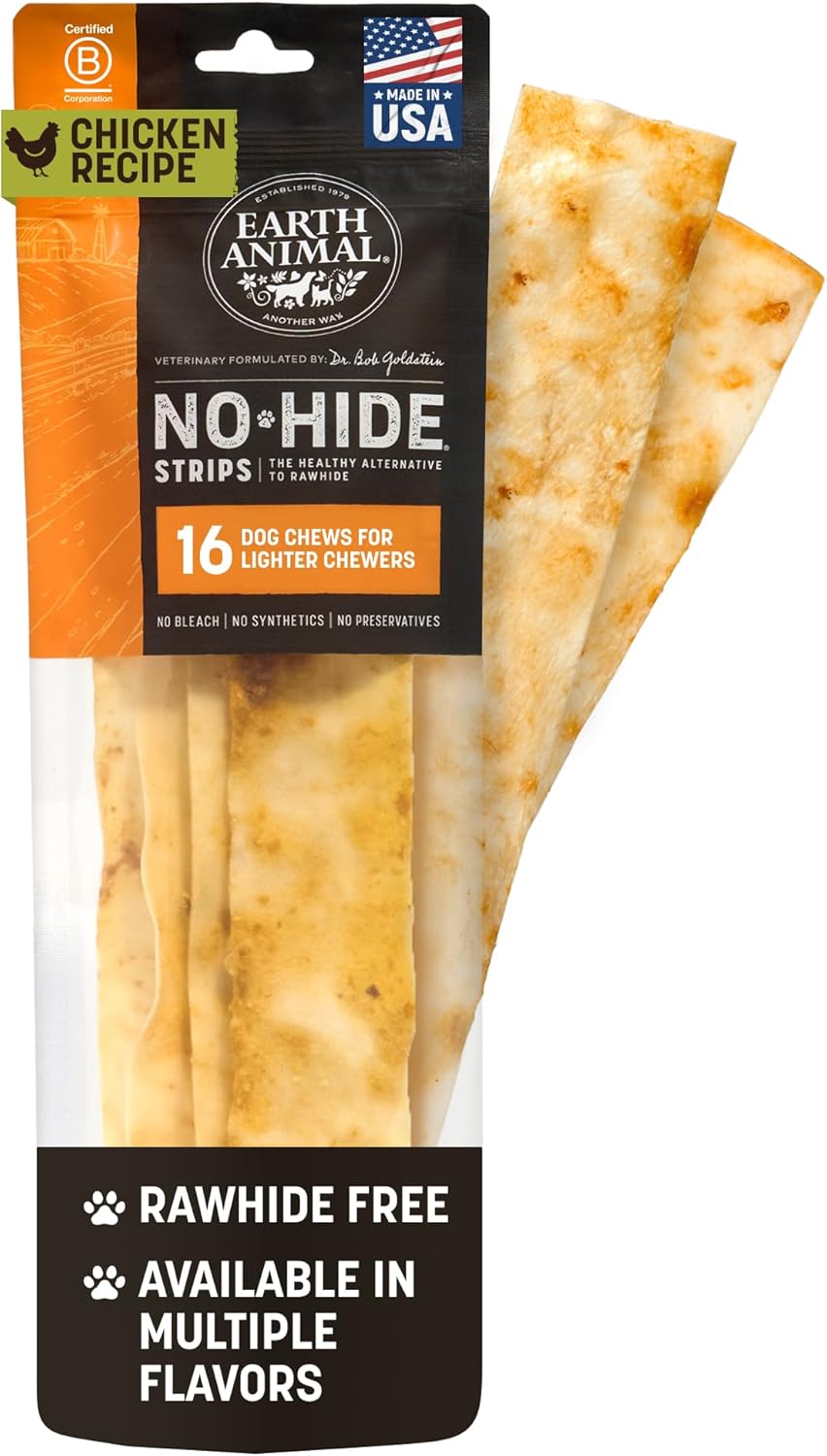Earth Animal No Hide Strips Chicken Flavored Natural Treats | No Rawhide | Quick & Thin Dog Chews - 16 Count