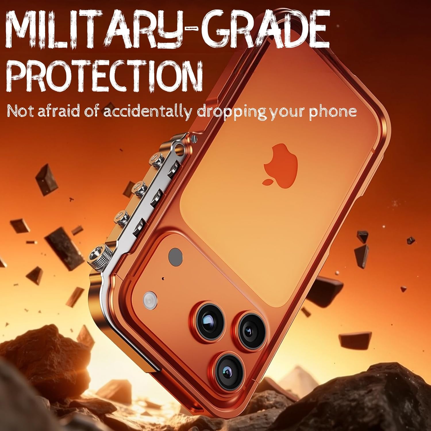 Metal Bumper Case for iPhone 17 Pro Max, Full-Frame Aluminum Bumper No Back Cover with Metal Buttons, Minimalist Bare-Hand Feel, Orange