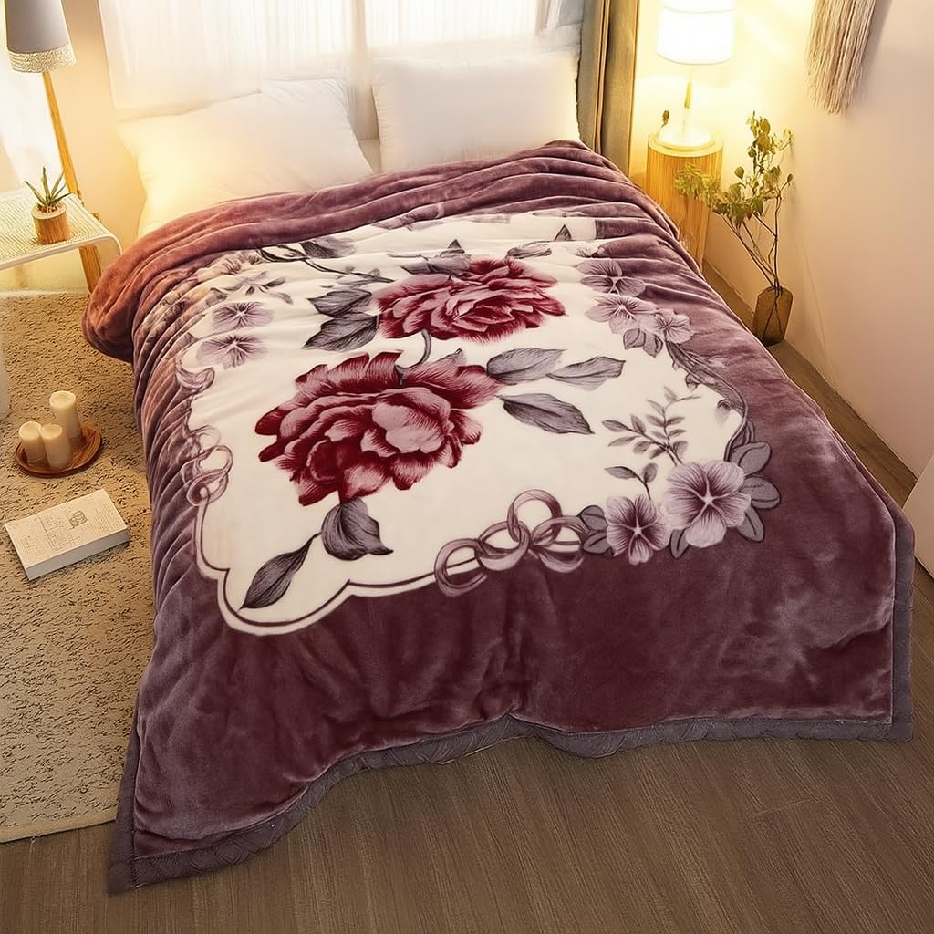 DBOZE Heavy Fleece King Size Blanket – 2 Ply Korean Mink Raschel Blanket, 12 lbs, Ultra Soft & Warm, Reversible Winter Bed Throw (Purple/Red)