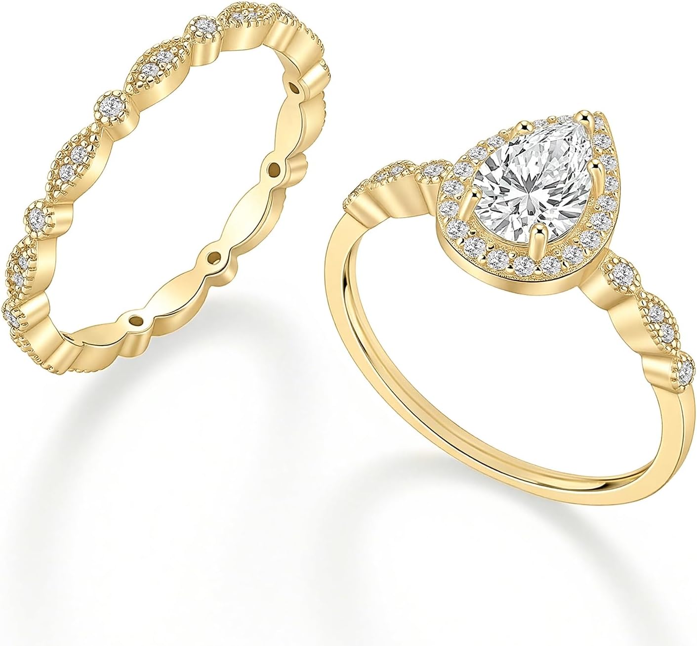 EAMTI 1.5CT 925 Sterling Silver Bridal Ring Sets 14K Gold Plated Teardrop CZ Engagement Vintage Pear Promise Rings Marquise Wedding Bands for Women Size 3-11